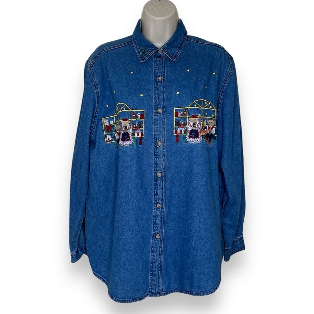 Bobbie Brooks Christmas Holiday Embroidered Denim Button Front Shirt Women Large